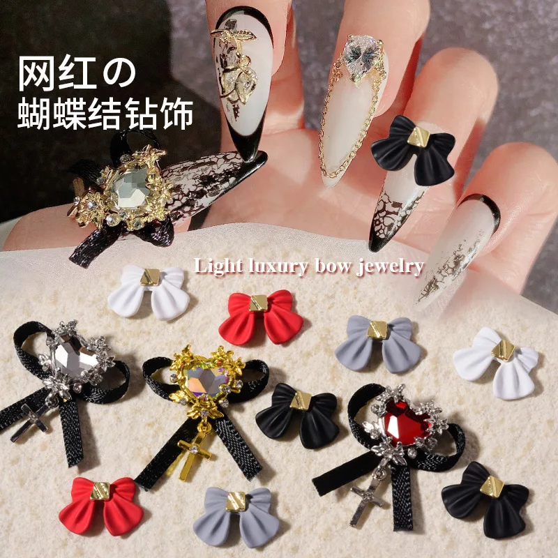 

10/5pcs Cross Bowknot Luxury Heart Gem Nail Diamond Black Ribbon Japanese Nail Charms Rhinestones Crystal Jewelry Alloy Manicure