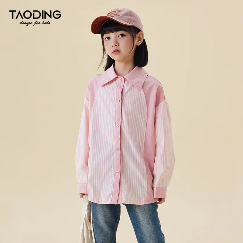ka dla dziewczynki Top New Girls Autumn Shirt Large Children Stripe Splicing Cotton Medium Long Loose American Spring and