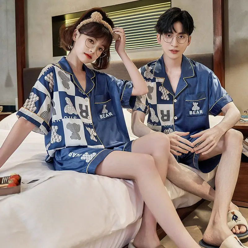 High-end couple pajamas, women's ice silk short sleeves, cute cartoon thin imitation silk loungewear men's set