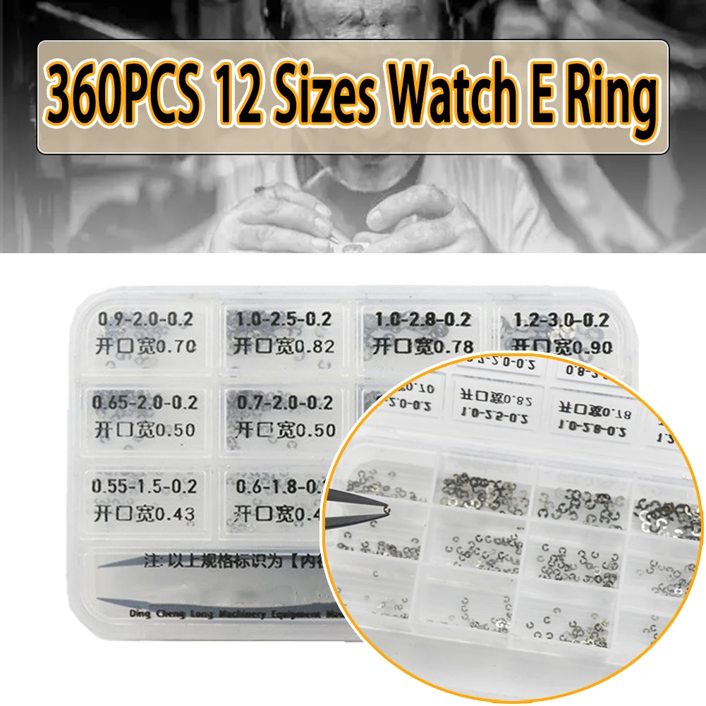 360PCS 12 Sizes Watch E Ring Stainless Steel E-Clips Snap Ring Latch Pusher Watch Movement Repair Parts with Assortment Box