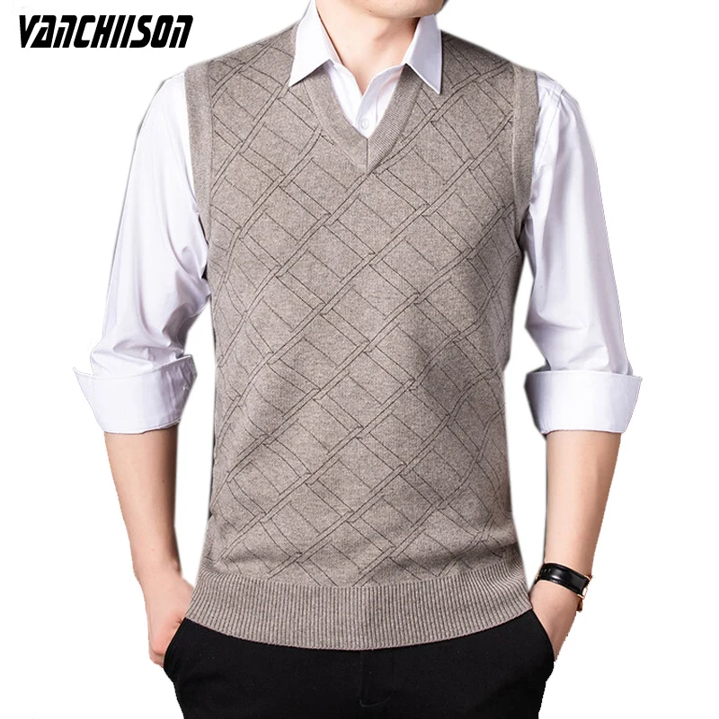 

Жилет мужской шерстяной без рукавов, базовый Толстый Пуловер в стиле ретро, повседневный винтажный джемпер с V-образным вырезом, Осень-зима ...