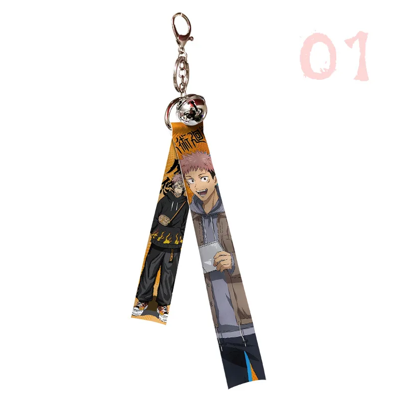 

Jujutsu Kaisen Streamer Keychain with Bells Satoru Gojou Yuuji Itadori Megumi Fushiguro Webbing Keyring 2 Side Hanging Ornament