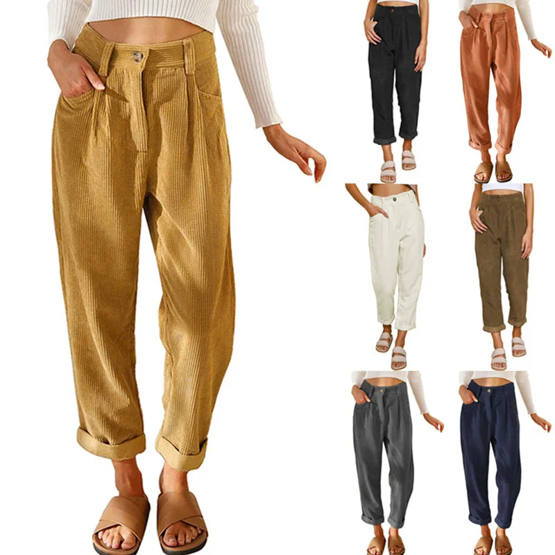 

2022 Autumn Fashion Casual Pants Women Europe America Solid Trousers Female Corduroy Loose Straight Pants Pantaloni Donna 23537