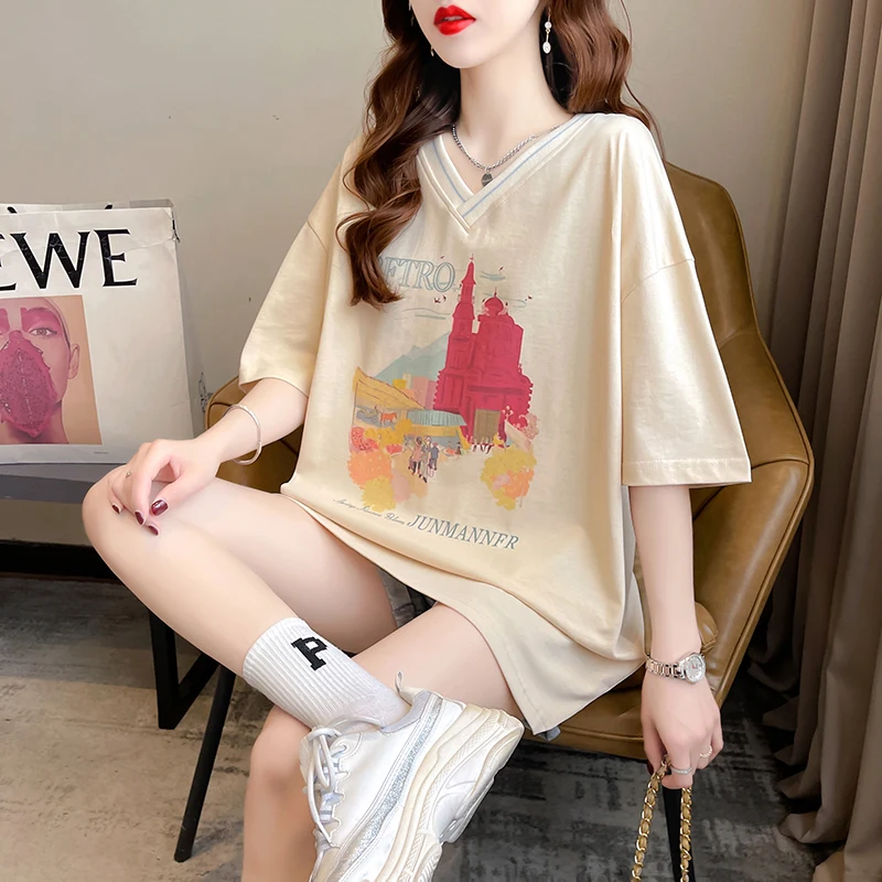 

Cotton V-Neck Short-sleeved T-shirt Women's Summer 2022 Mid-length Graphic Tees New Apricot Top Large Size Harajuku Shirt