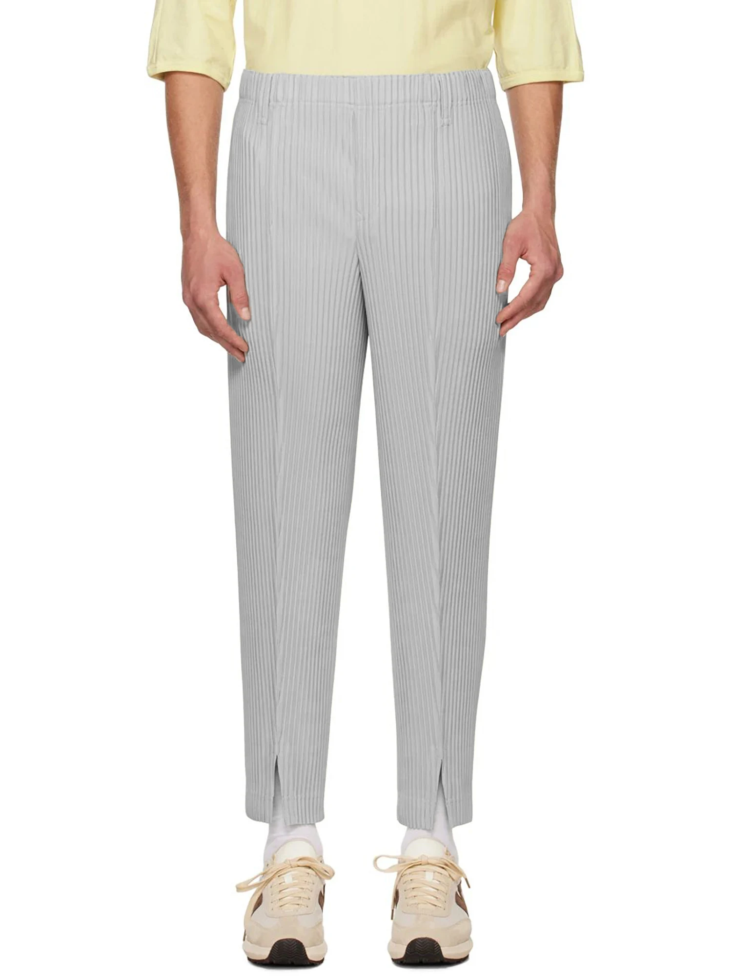 MI TEMPIO Straight Pleated Trousers for Men Casual Solid Split Hem Pants Aesthetic Harajuku Loose Fit Pant Elegant Men's Clothes