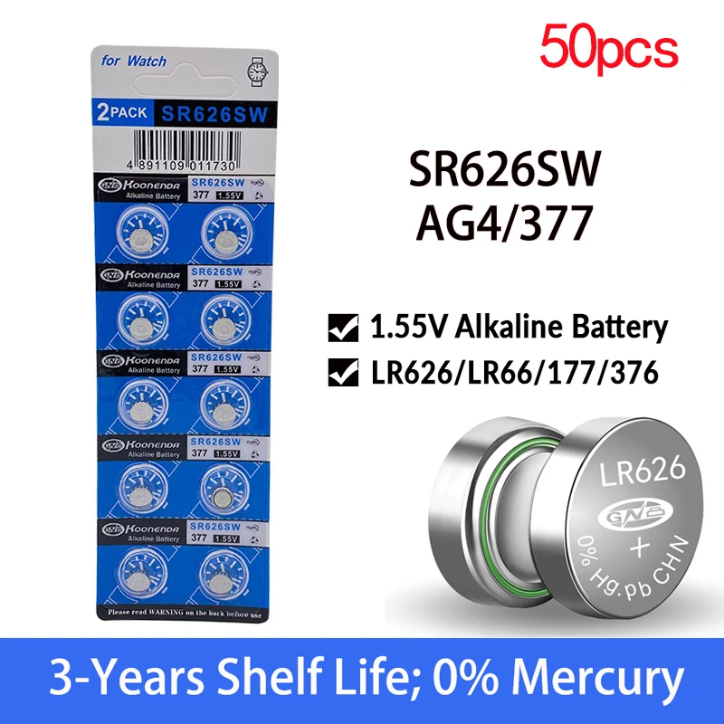 

50 шт./упаковка, щелочные батарейки AG4 LR626 377 SR626 177, 1,55 в