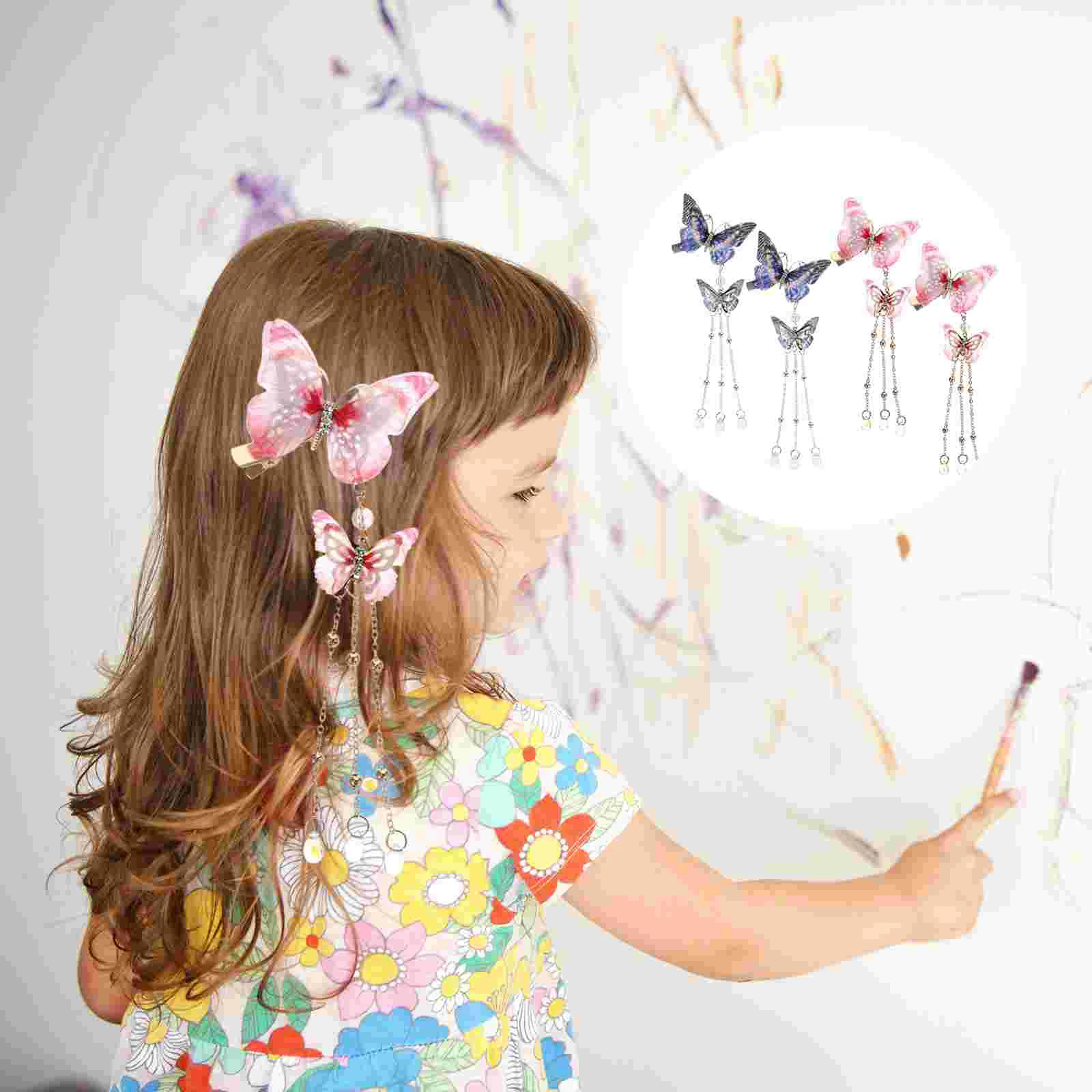 

4 Pcs Butterfly Side Clip Tassel Hair Clips Barrettes Metal Claw Butterflies Girls Rhinestone Headpiece Headgear Pin