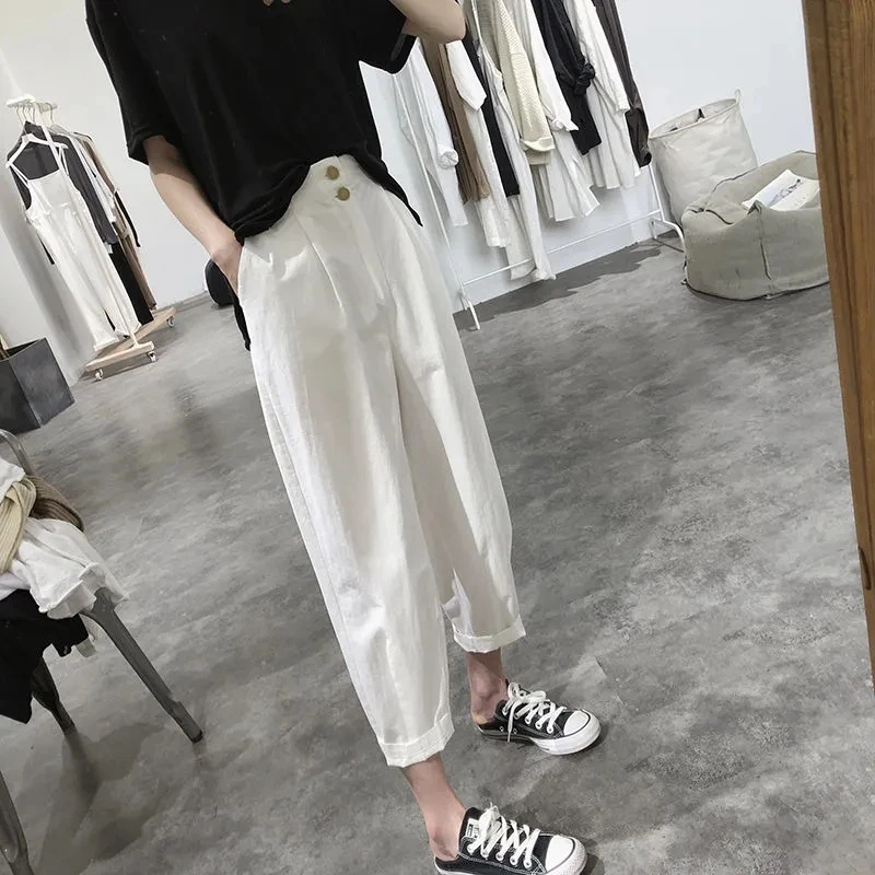 

Брюки женские повседневные на пуговицах, эластичные свободные штаны с завышенной талией, хлопковые брюки до щиколотки в Корейском стиле, весна-осень