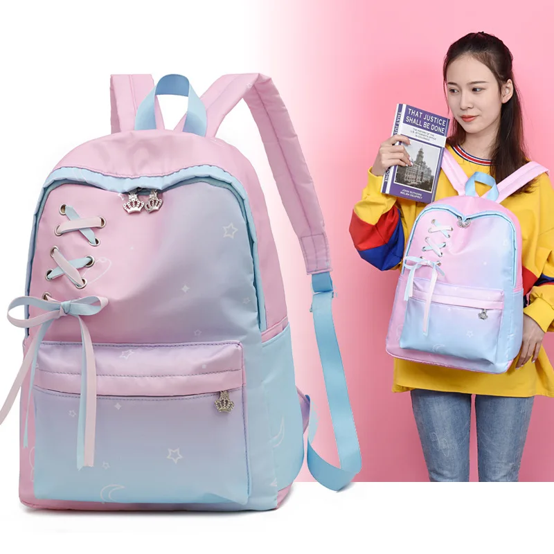 

Ins Fashion Gradient Color Cute Girls Backpack Junior High School Student Schoolbag Campus Large Capacity Canvas Backpack