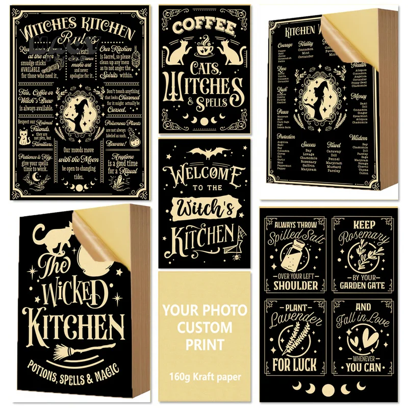 

Kitchen Witchcraft Fun Wall Stickers Poster and Cat Print Wall Pictures Witch Runes Wallpaper Gifts Home Living Room Decoration