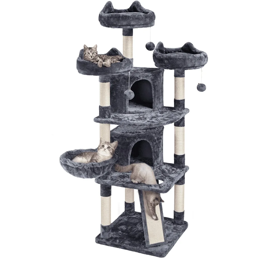 

Pet Cat Supplies Large Cat Tree Plush Tower with Caves Condos Platforms Scratching Board, Dark Gray