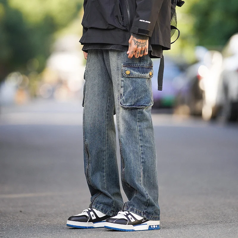 Blue Baggy Jeans Men Fashion Vintage Pocket Cargo Jeans MenJapanese Streetwear Hip-hop Loose Straight Denim Pants Mens Trousers