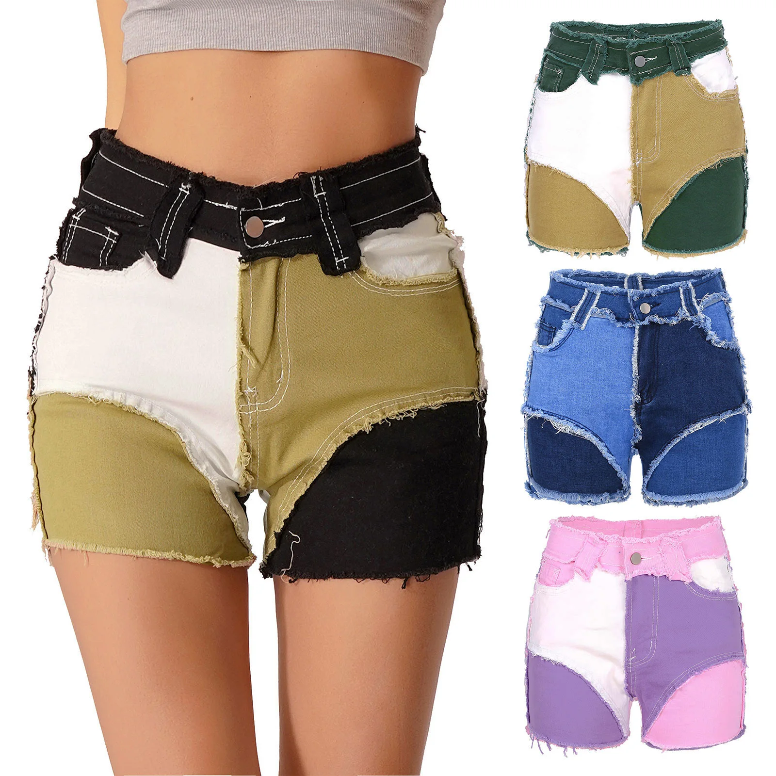 Women Fashion Color Block Denim Shorts Patchwork Frayed Hem Short Jeans High Waist Hot Pants for Club Music Festival