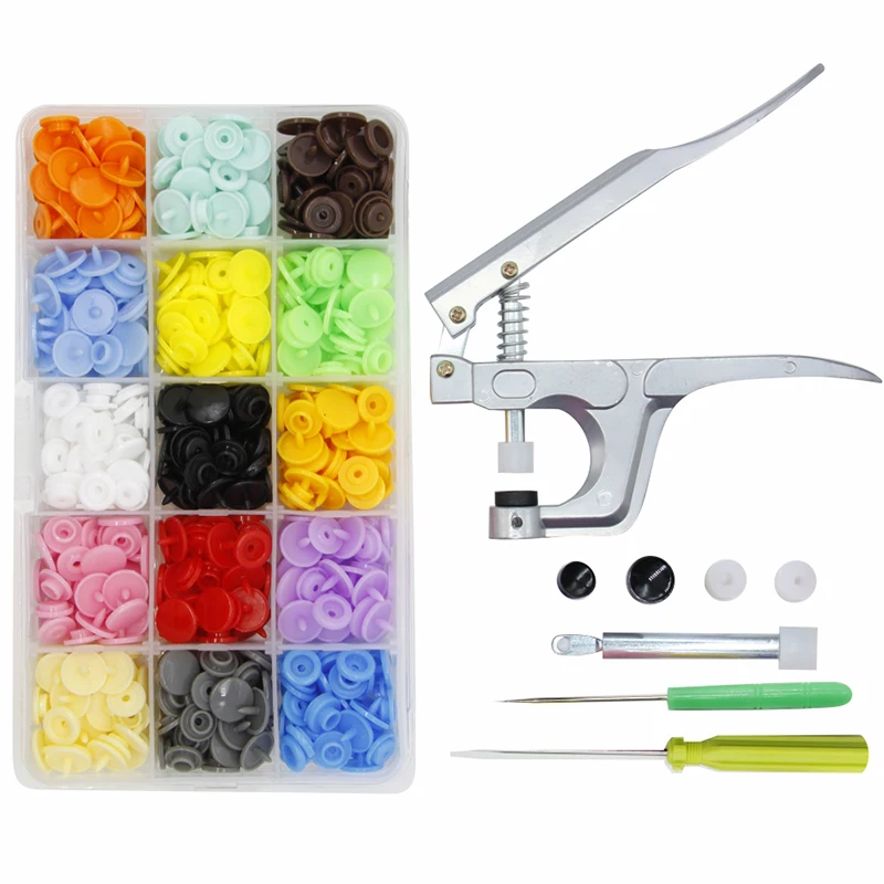 

T5 15 Colors Children's Clothing 150 Sets of Resin Snap Button + Installation Tool Pliers Snap Buttons for Baby Cloth Romper
