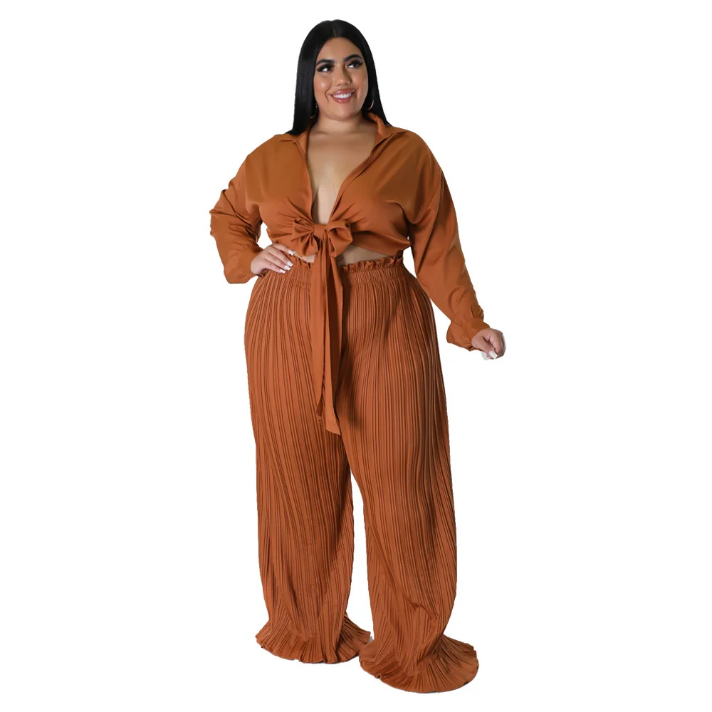 Plus Size Women Clothing Two Piece Sets Outfits Fashion Loose Long Sleeve v Neck Top and Pleated Pant 3xl 4xl 5xl 6xl