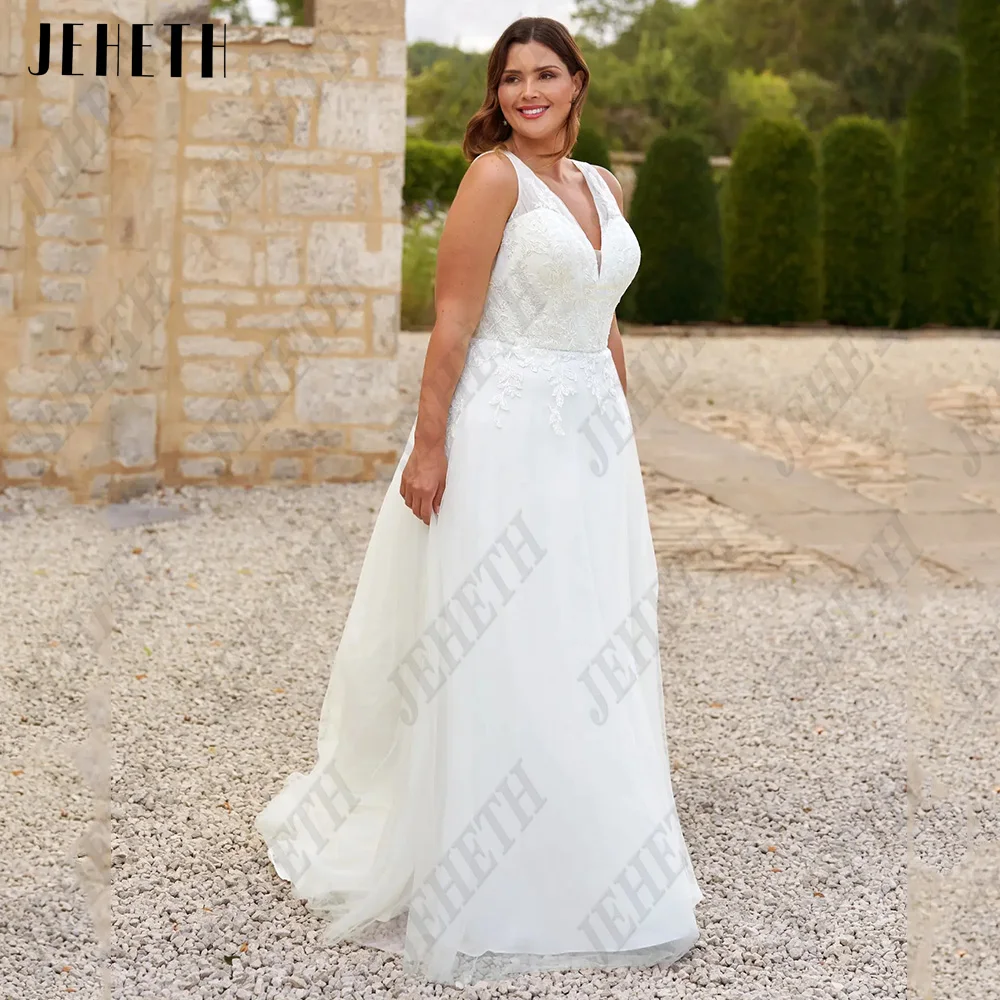 

JEHETH Elegant Wedding Dresses Oversize Sleeveless Zipper Back Bride Gowns Pastrol Applique A-Line Tulle vestidos de novia
