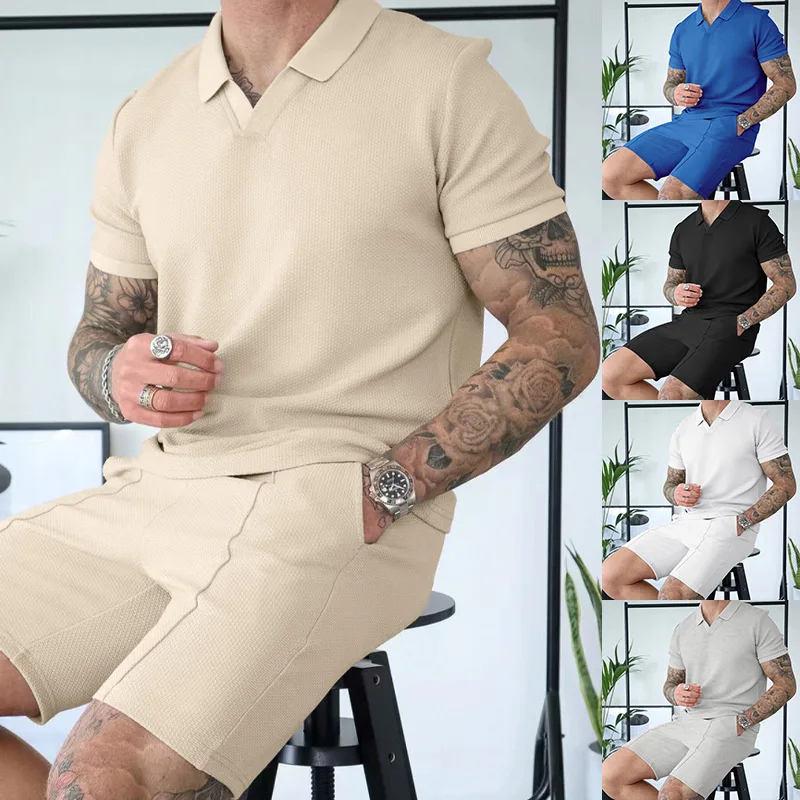 Men's Two -piece Two -piece Herfger Lapel Solid Color Thin Casual POLO Short -sleeved Shorts Set