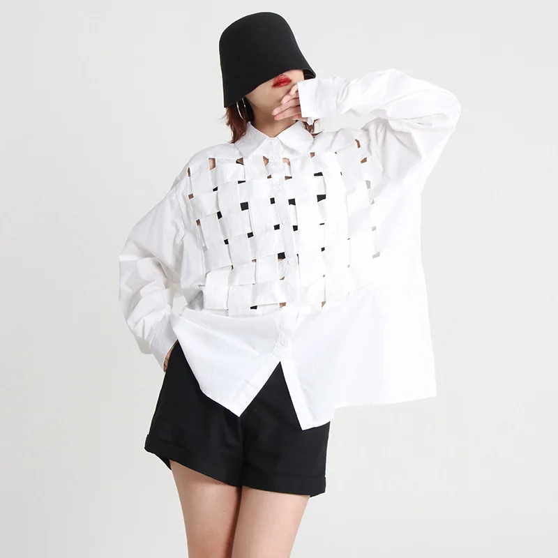 

French Casual Minimalist 2023 Fall Lapel Balloon Sleeve Front Statement Openwork Sheer Design Women's Solid Color Polo Shirt