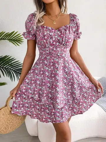 Sweet And Lovely Low Neck High Waist Dress 2023 Spring And Summer New Temperament Floral Lace Up Waist Wrap Dresses For Women