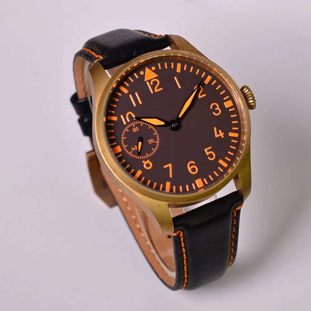 

44MM Bronze Dafei Manual Mechanical ST3600 Movement Sapphire Glass Waterproof Luminous Small Second See-through Pilot Mens Watch