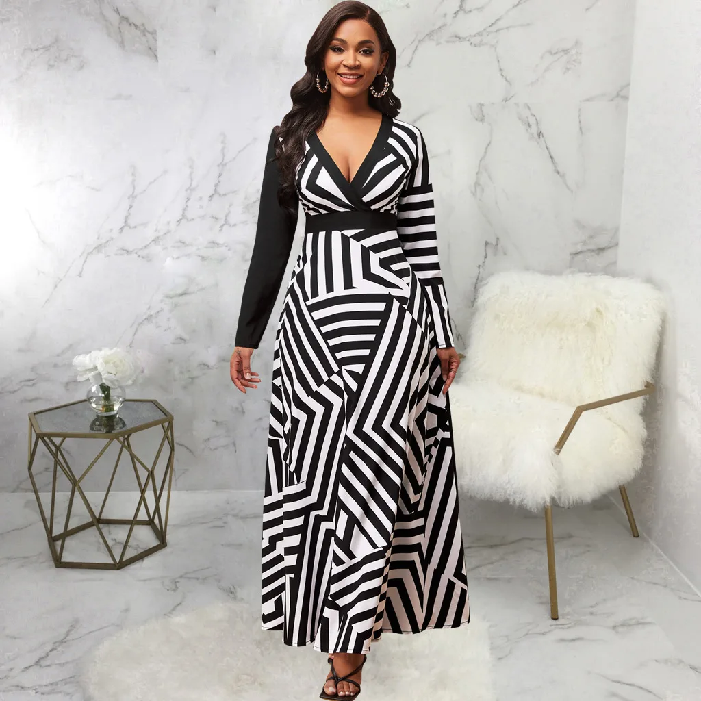 

V Neck Sexy Print Patchwork Dress Women 2022 New Fashion Autumn Full Sleeve High Waist Long Dress