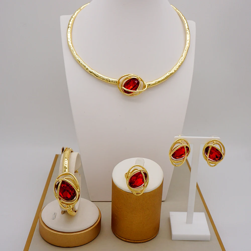 Exquisite Brazilian Dubai Jewelry Set For Women Large Necklace Bracelet Earrings Ring Sets Ladies Banquet  Party Wedding Gifts