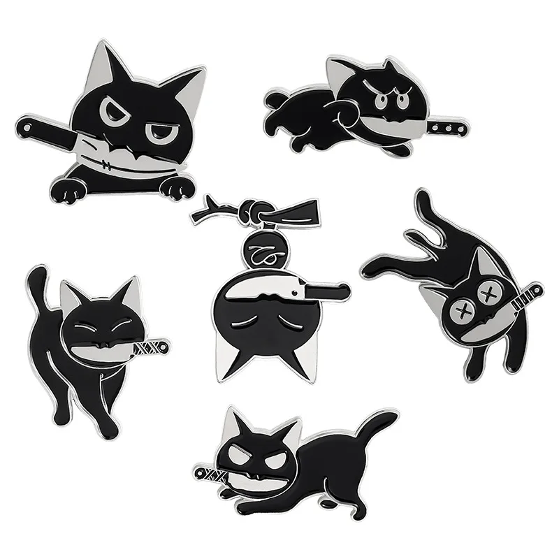 

Cute Black Cat Modeling Pop-Enamel Pin Lapel Diy Badges Brooch Creative Cartoon Cat Biting Knife Brooches Funny Fashion Jewelry