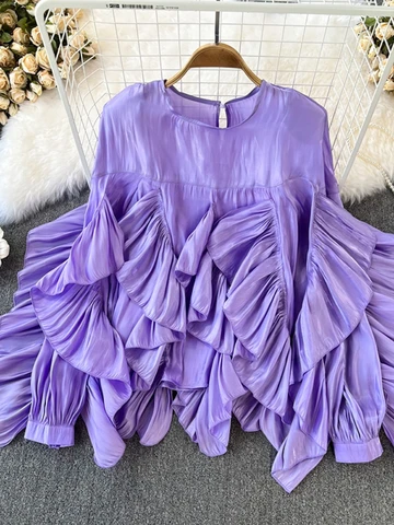 Women Spring Autumn Blouse New European American Vintage Round Neck Ruffle Loose Long Sleeved Foreign Style Irregular Top