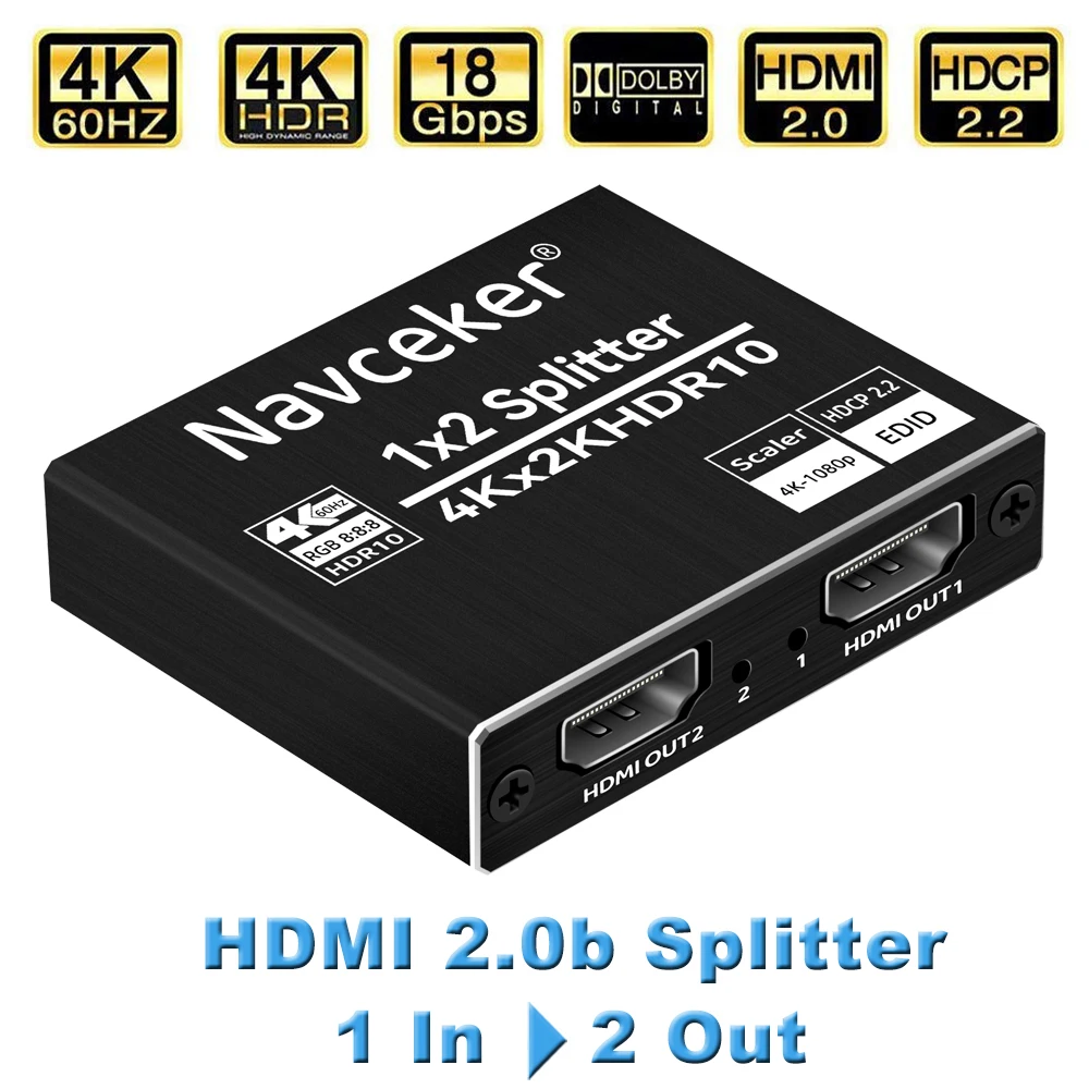 

2023 Best 4K HDMI Splitter 1x2 HDMI 2.0 Splitter 1 in 2 out HDMI Amplifier Switch HDR HDMI2.0 splitter for Apple TV XBox TV Box