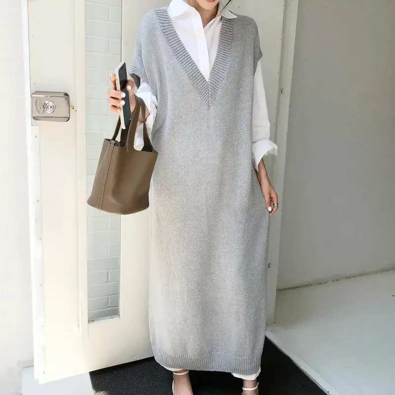 

Autumn Winter Sleeveless Knitted Sweater Dress Women Vest Dress Women Long Vest Ladies Pullovers Female Outwear Pull Femme X104