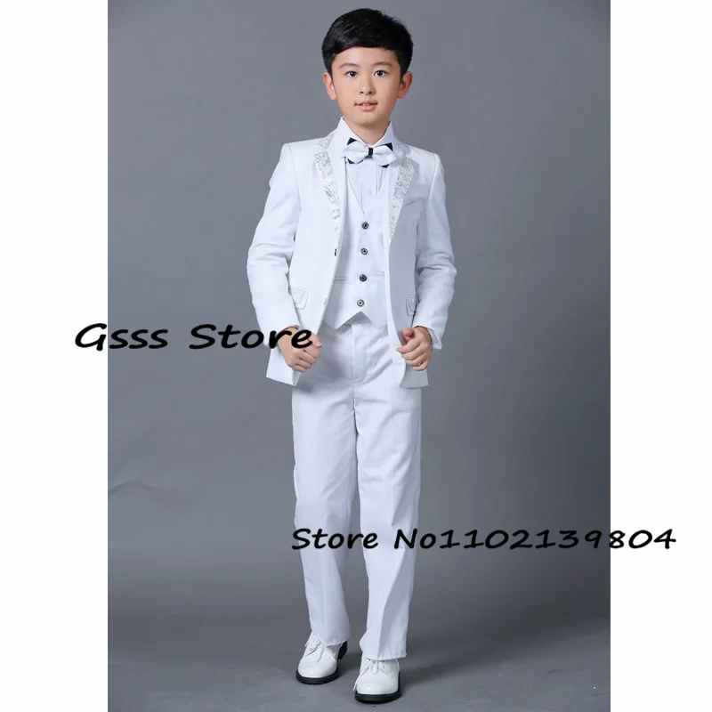 Boys White Tuxedo Wedding Stage Show Dress 3 Piece Pants + Vest + Blazer Formal Party Jackets Kids Fashion Clothes enlarge