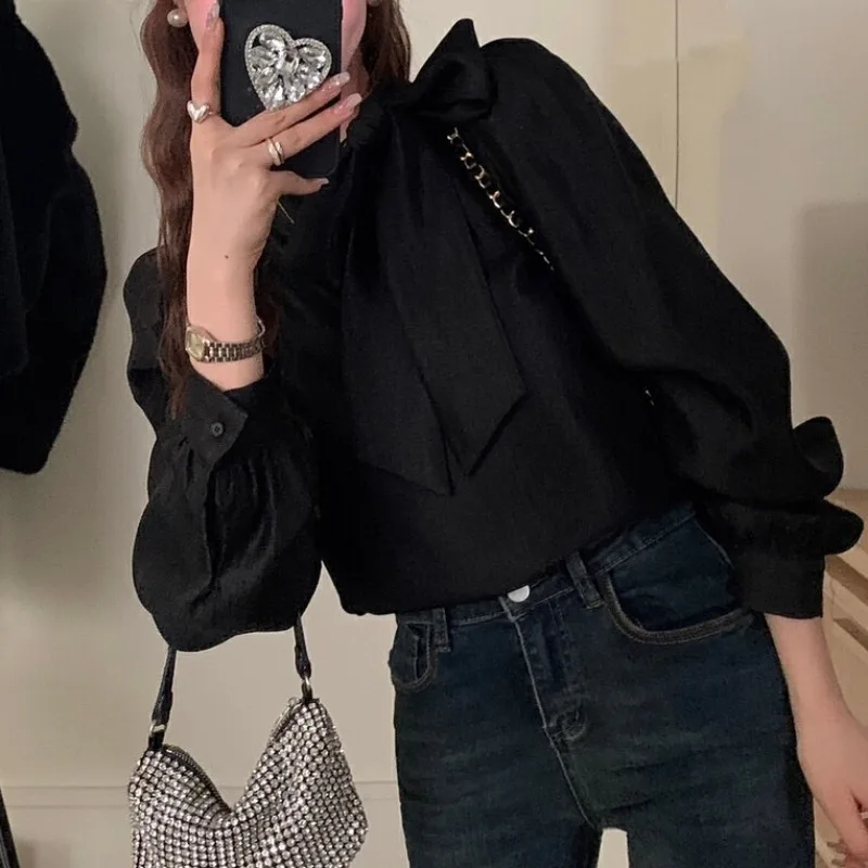 Винтажные женские рубашки Matakawa с бантом однотонные весенние и осенние офисные