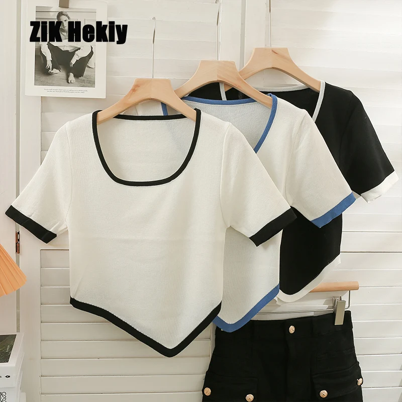 

Zik Hekiy Women Irregular Solid Color Low Collar Tops Female New Color Blocking Stripes Short-Sleeved Knitted T-Shirt Women