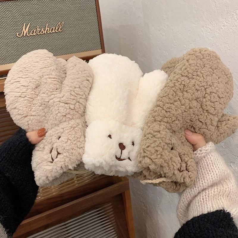 

2022 Females Korean Ins Bear Dog Gloves Women's Girls Winter Kawaii Cute Bears Plush Fur Thick Riding Mittens Glove Keep Warm