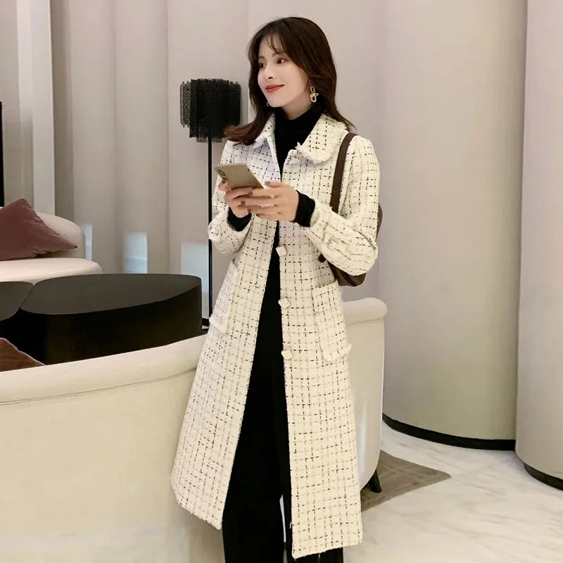 

Autumn Winter New Woolen Coat Women's Fragrant Plaid Cotton/Lining Thickened Medium Long Wool Jacket