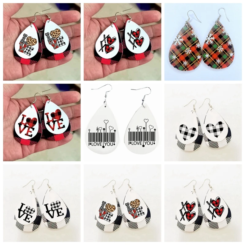 

New Buffalo Plaid Heart Earrings For Valentine's Day Gift Two Layers Faux Leather Love Earrings natal mother kids earrings