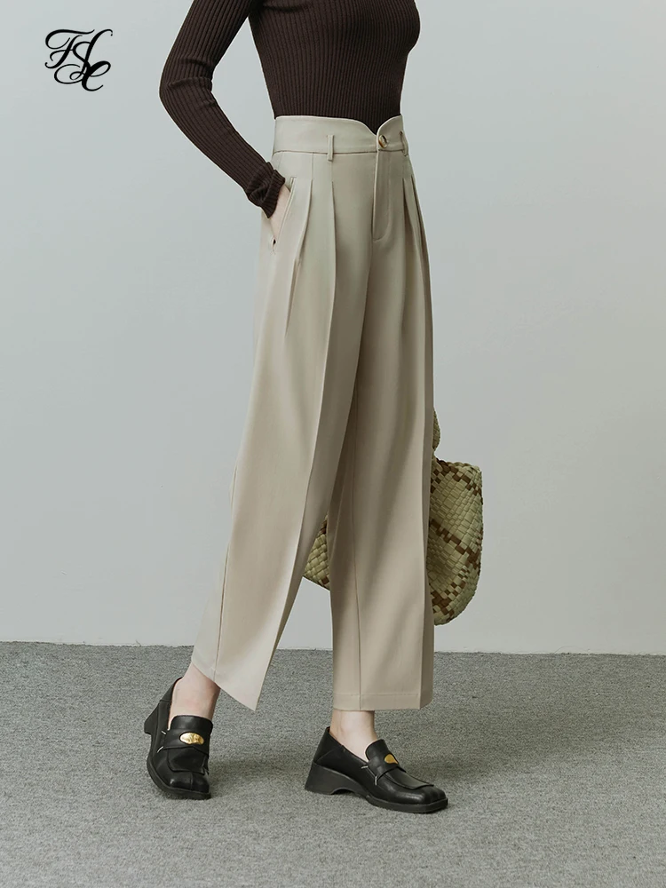 FSLE Casual Straight Nine-point Pants Women Fashion Curved Petal High Waist Design Commuter Office Lady Long Trousers with Belt