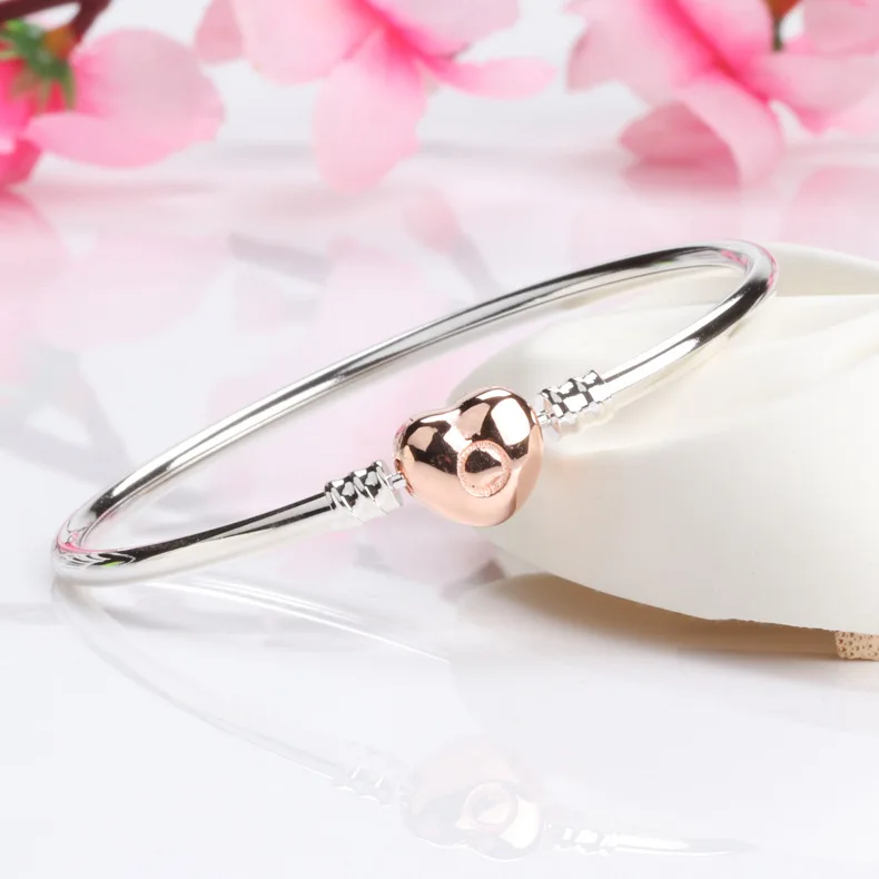 

Аутентичный 100% 925 пробы Серебряная Пряжка в форме сердца розовый золотой браслет в форме сердца Diy универсальный браслет базовый браслет