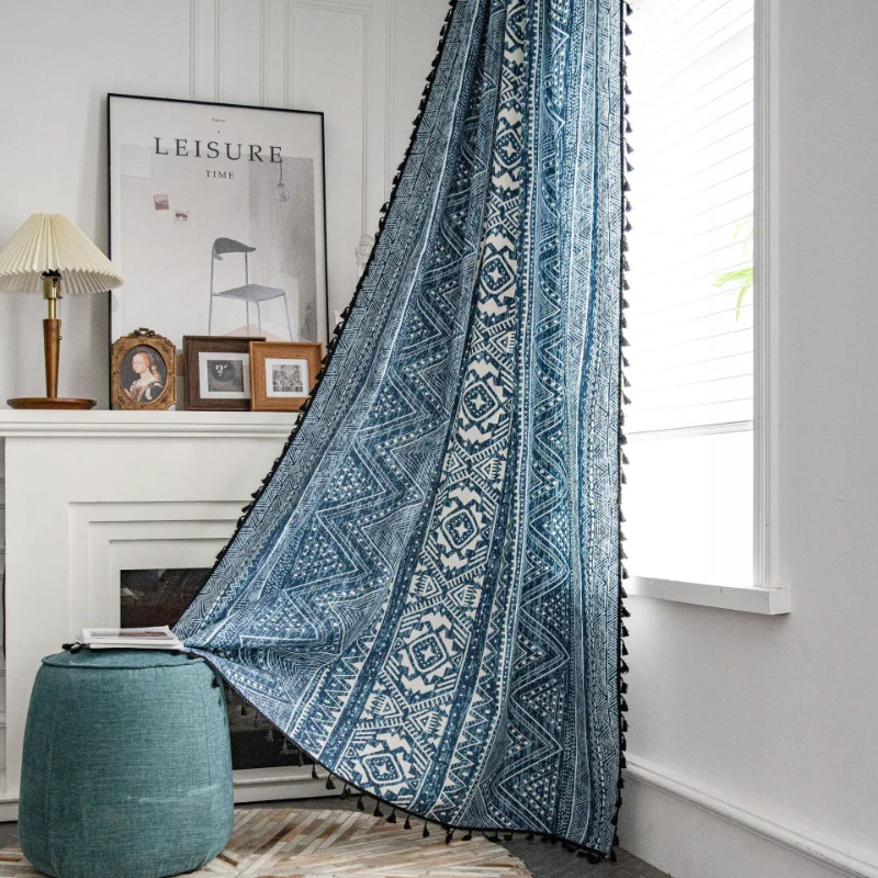 

Geometric Print Semi-Blackout Curtains Tassels,Bohemian Cotton Linen Blue Window Drapes for Bedroom Living Room Decoration 커튼