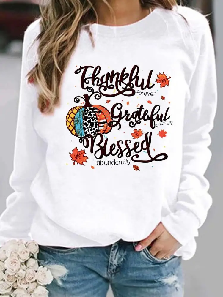 

Letter Pumpkin Thanksgiving Halloween Fall Autumn Women Casual Pullovers Female Spring Hoodies Print Woman Graphic Sweatshirts