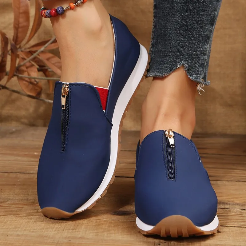 Women's Flat Shoes Spring Front Zipper Casual Round Toe Flat Sneakers Women Slip on Loafers Solid Flats Walking Shoes