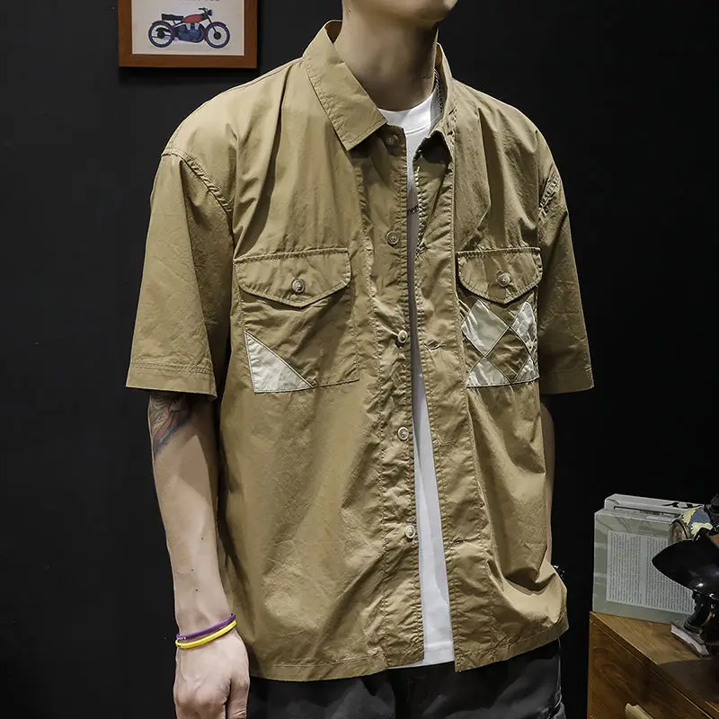 

Khaki Tooling Retro Cuban Collar Short Sleeve Shirt Men Women Shirts 2022 Summer Hip Hop Button Up Shirt Casual Shirt Jacket New