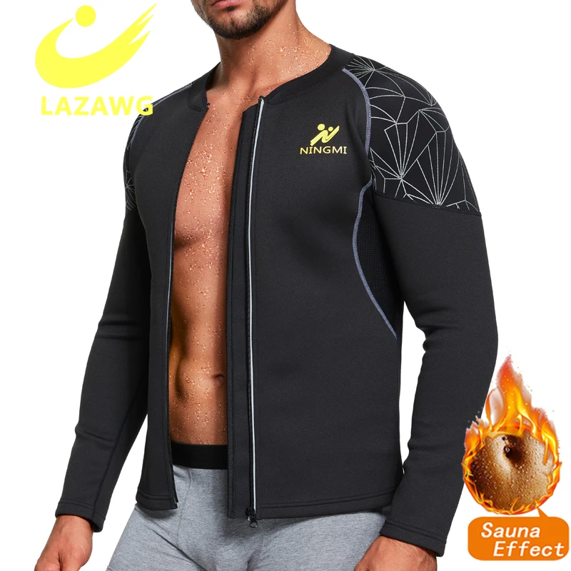 

LAZAWG Waist Trainer Sweat Sauna shirt Body Shapers New Men Gym Workout Vest Zipper Shirt Fitness Slimming Long Sleeve Tops