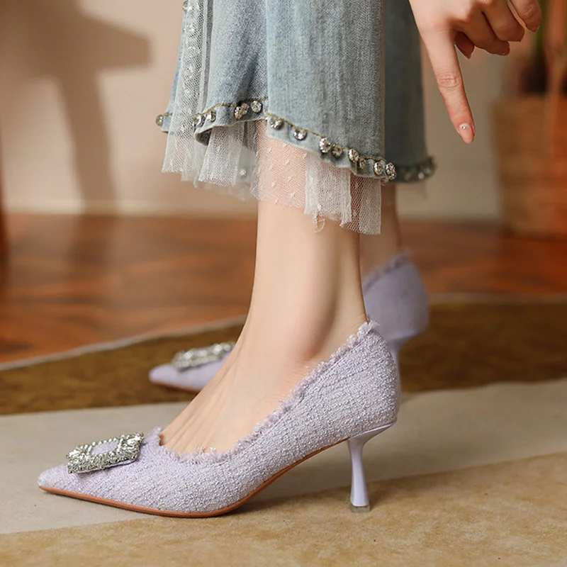 TRAF Women Heeled Heels 2022 Elegant Rhinestone Female Pumps Black White Texture Wedding Bride Luxury Brand Woman Shoes Heel