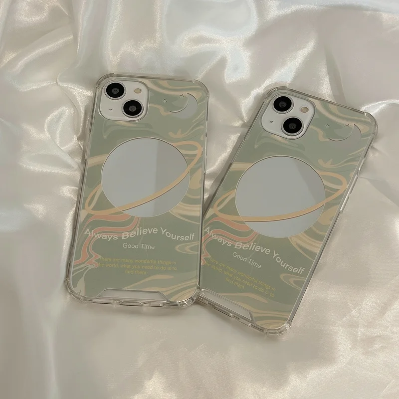 

Ins Art Retro Matcha Green Planet Mirror Phone Case For iPhone 11 12 13 Pro Xs Max X Xr Cases Cute Shockproof Soft Back Cover