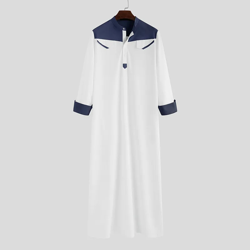 Muslim Southeast Asia New Men Loose Standing Collar Splicing Long-sleeved Robe Ethnic Style Middle East Robe Muslim Men Clothing