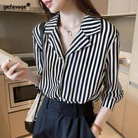 elegant fashion stripe shirts button turn down collar slim chiffon summer 2022 womens clothing comfortable wild popularity tops