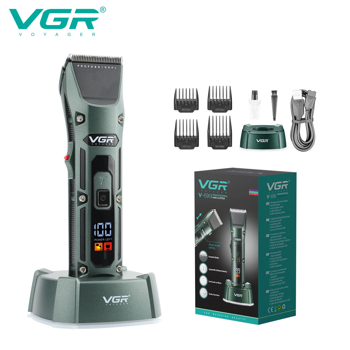 VGR Hair Clipper Professional Hair Cutting Machine Rechargeable Hair Trimmer With Charging Base Two-Speed Adjustment Green V-696