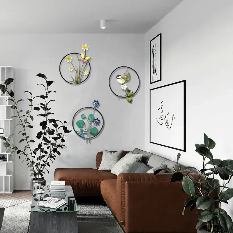 Современная кованая железная настенная 3d-наклейка с цветами птицами и круглыми