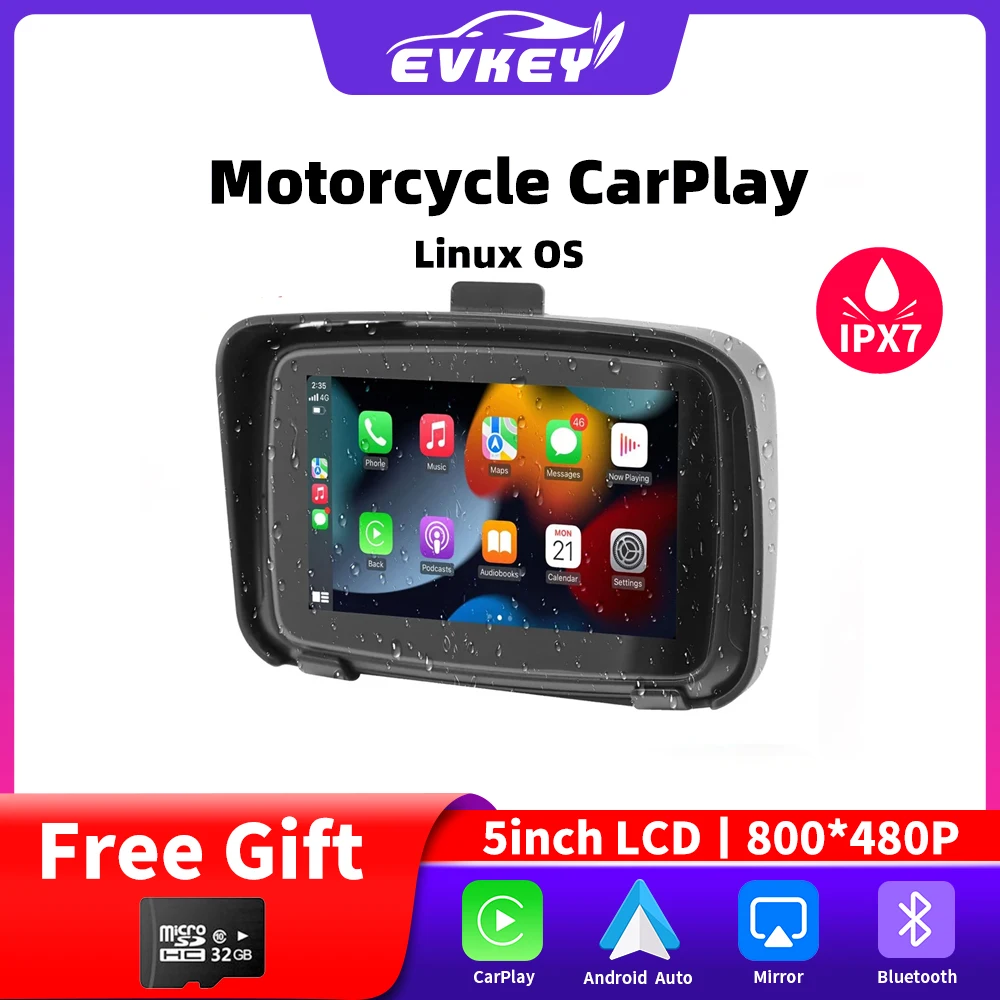 

EVKEY Portable 5 Inch Motorcycle Navigation GPS Wireless Apple CarPlay Android Auto IPX7 Waterproof MOTO BT Touch Screen Display